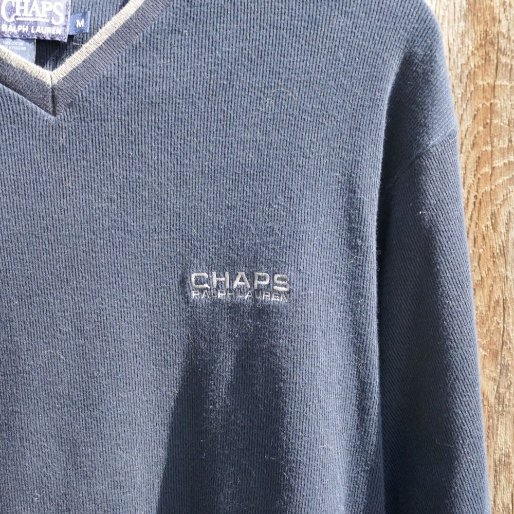 Vintage Chaps Ralph Lauren V-Neck Sweater Navy Blue Cotton Pullover Medium - Picture 3 of 6
